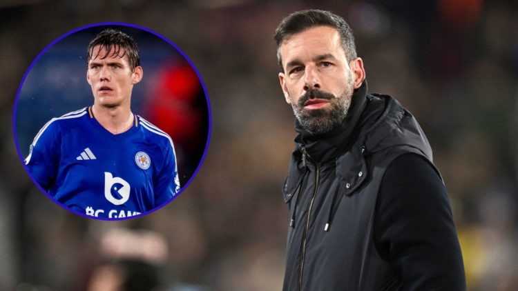 An insert of Jannik Vestergaard in action for Leicester City and Leicester City manager Ruud van Nistelrooy on the touchline watching his side.