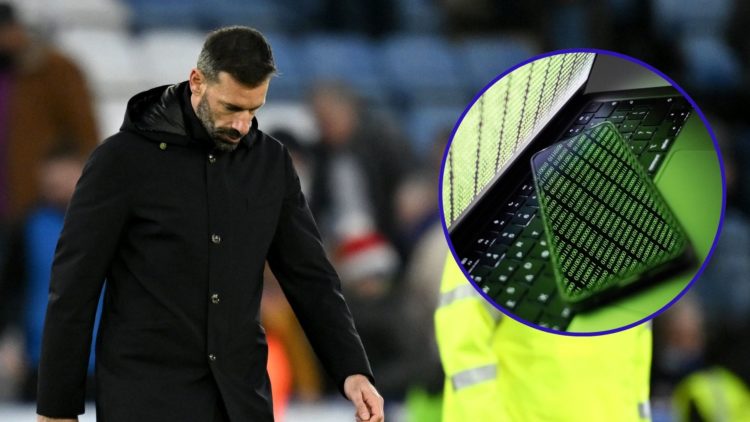 Ruud van Nistelrooy looks dejected after a Leicester City loss. An inset of a phone reflecting binary code off a computer.