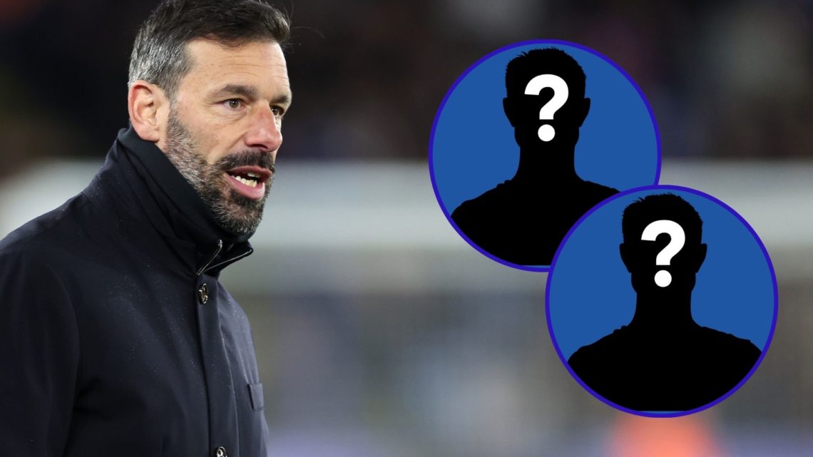 Leicester City manager Ruud van Nistelrooy watches on against Manchester United and two insets of mystery players.