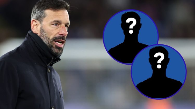 Leicester City manager Ruud van Nistelrooy watches on against Manchester United and two insets of mystery players.
