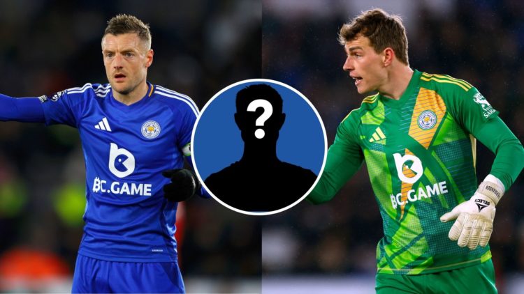 A split image of Jamie Vardy (left) and Mads Hermansen (right) with a mystery player inset (circled).