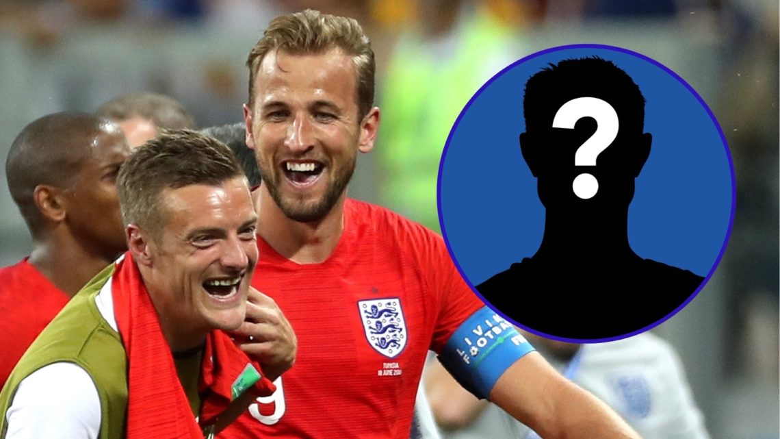 Harry Kane and Jamie Vardy celebrate an England win at the 2018 World Cup in Russia. An inset of a silhouetted figure depicting a mystery player.