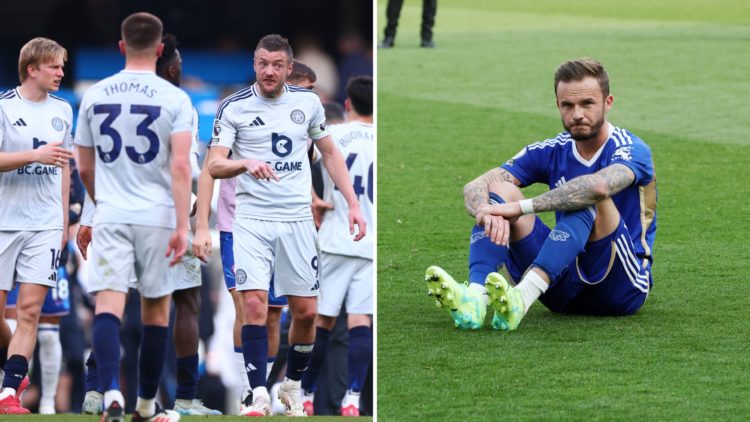 Jamie Vardy (left) shouts instructions at his Leicester City teammates. James Maddison (right) looks dejected after relegation with Leicester City ...