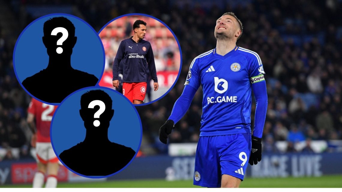 An image of Jamie Vardy (right) with an inset of Bojan Miovski (circled) and two mystery players.