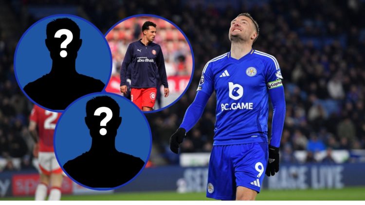 An image of Jamie Vardy (right) with an inset of Bojan Miovski (circled) and two mystery players.