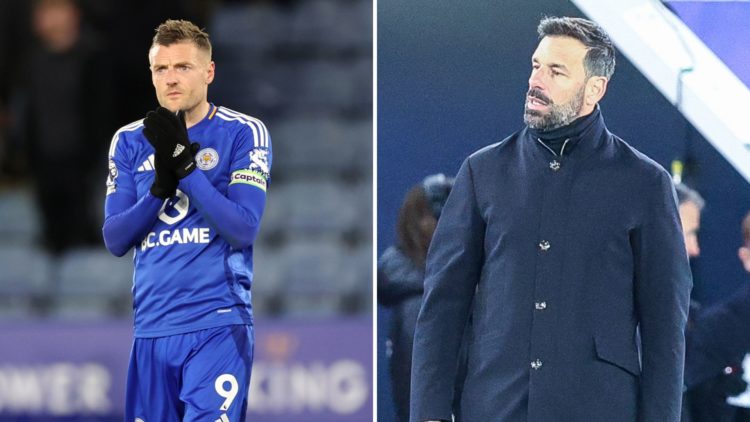 Leicester City striker Jamie Vardy (left) thanks the supporters and Ruud van Nistelrooy (right) gets angry with the referee