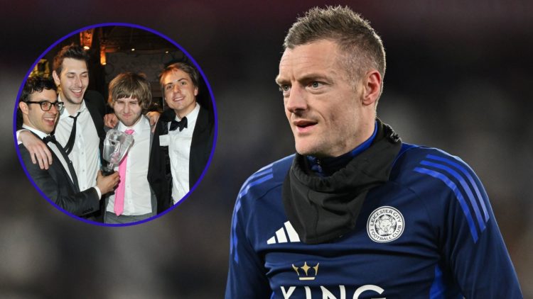 An image of Jamie Vardy warming up for Leicester City and an insert of the cast of The Inbetweeners celebrating an award.