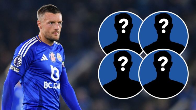 Jamie Vardy in action for Leicester City during a Premier League game. Four insets of silhouetted figures acting as mystery players.