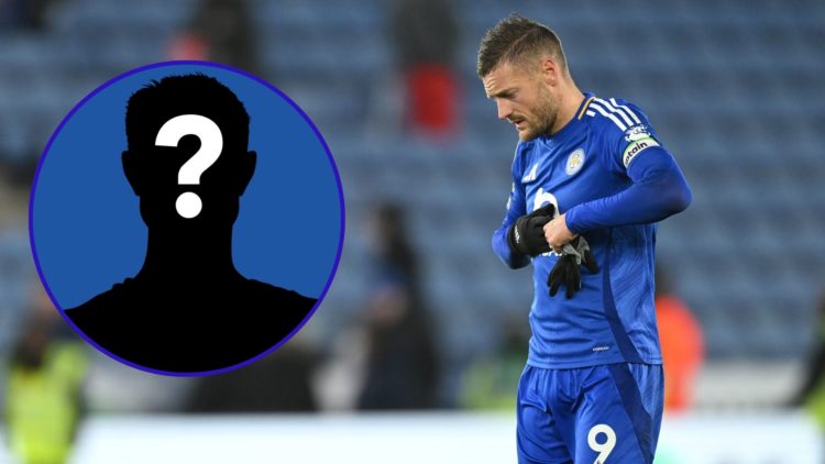 Jamie Vardy looks deflated after a Leicester City match. An inset of a silhouetted person depicting a mystery figure