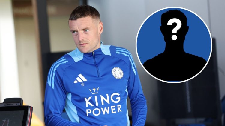An image of Jamie Vardy left with an inset of a mystery player (circled).