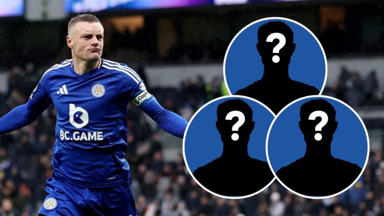Jamie Vardy celebrates scoring a goal for Leicester City. Three insets of mystery figures