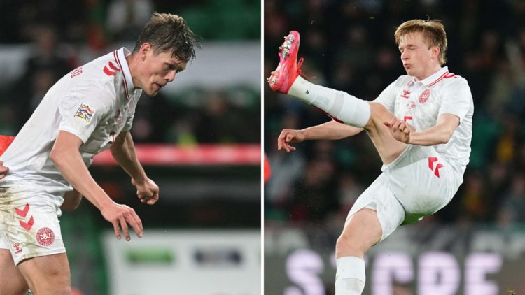 Jannik Vestergaard (left) tries to fend off a challenge during Portugal vs Denmark. Victor Kristiansen (right) tries to clear the ball away for Den...