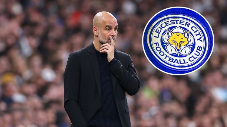 Manchester City manager Pep Guardiola. Inset of Leicester City badge.