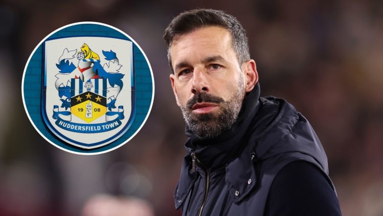 Leicester City managed Ruud van Nistelrooy. Inset of Huddersfield Town badge.