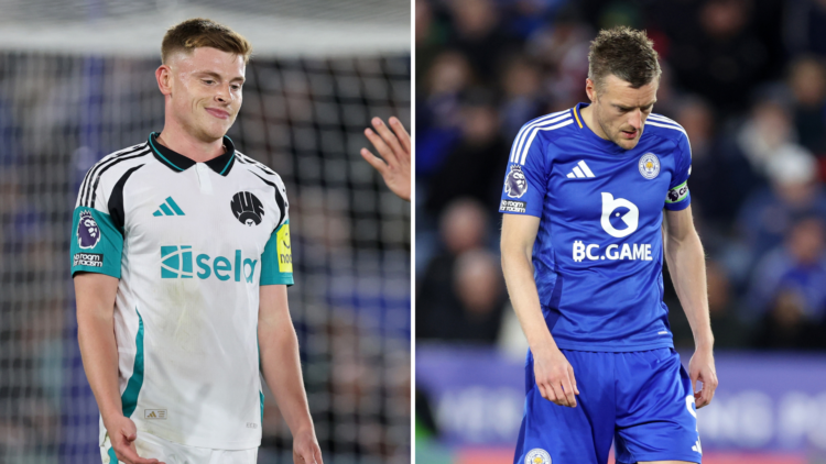 Harvey Barnes (L) celebrates goal for Newcastle. Jamie Vardy (R) looks dejected for Leicester City.