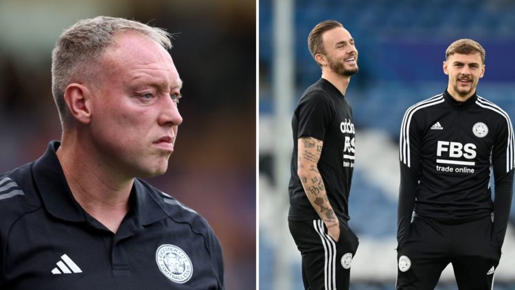 Steve Cooper [L] looks on with focus during pre-season. James Maddison and Kiernan Dewsbury-Hall [R] share a joke together as Leicester City teamma...