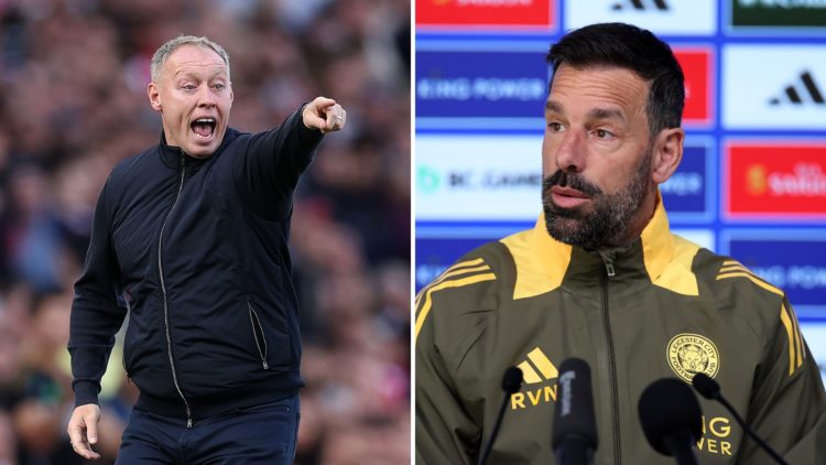 Steve Cooper [L] instructs his Leicester City side from the touchline. Leicester City manager Ruud van Nistelrooy [R] answers a question during a p...