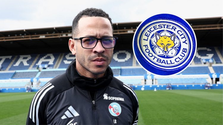 Strasbourg manager Liam Rosenior. Inset of Leicester City badge.