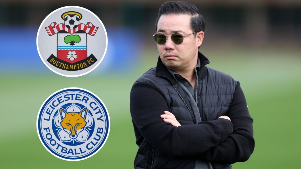 Leicester City owner Khun Top. Inset of Southampton and Leicester City badges.