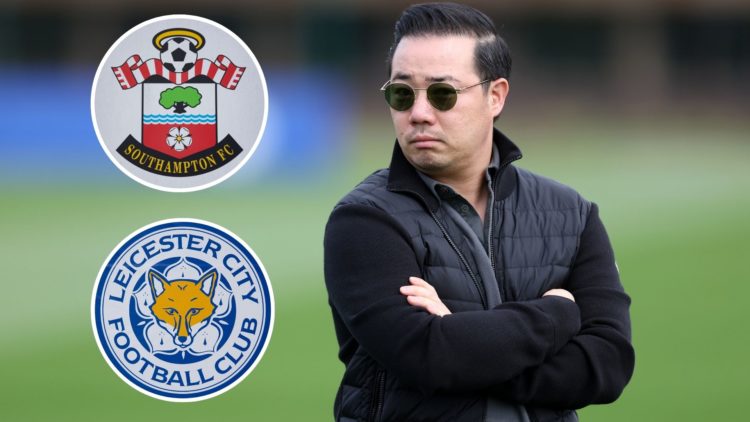Leicester City owner Khun Top. Inset of Southampton and Leicester City badges.
