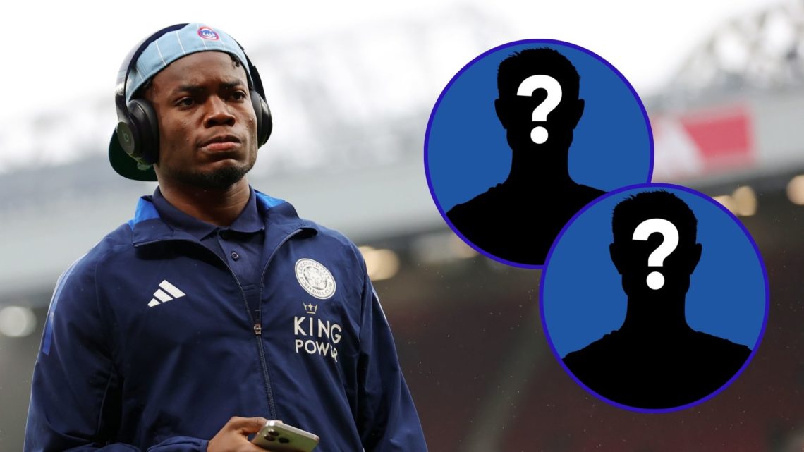 Abdul Fatawu walking on the pitch before a Leicester City match and two insets of mystery players.