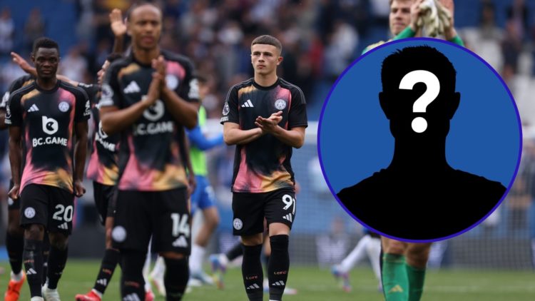An image of Leicester City player Jake Evans and his teammates thanking supporters. An inset of a mystery figure.