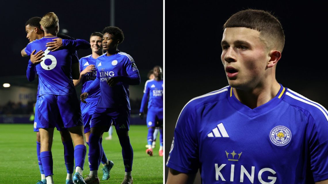 Leicester City U21s (L) celebrate a goal during a game. Jake Evans (R) watches on during a Leicester U21s game.