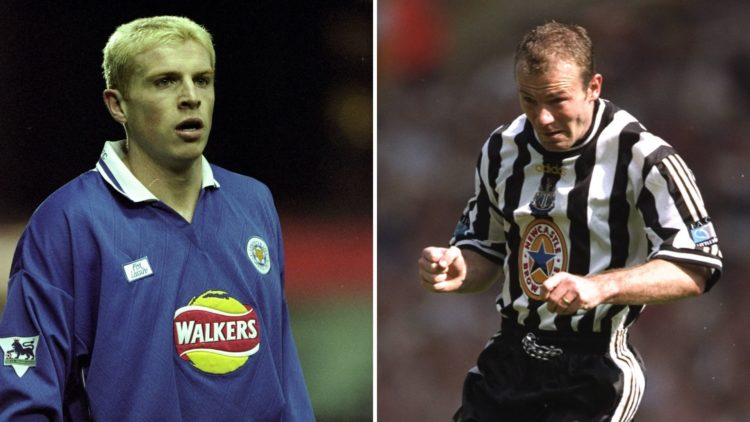 Neil Lennon (L) watches on during a Leicester City match. Alan Shearer (R) heads the ball during the FA Cup final with Newcastle United.