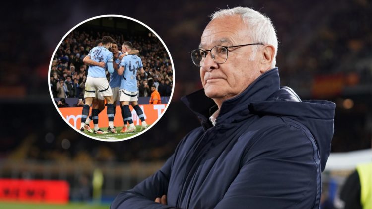 An image of Claudio Ranieri with an inset of Manchester City players (circled).