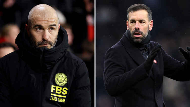 Enzo Maresca [L] when he was Leicester City manager in 2024. Leicester City manager Ruud van Nistelrooy [R] encourages his side.