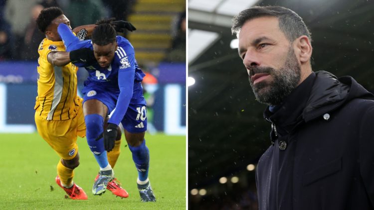 Stephy Mavididi [L] shrugs off a challenge during Leicester City vs Brighton & Hove Albion. Leicester City manager Ruud van Nistelrooy [R] watches ...
