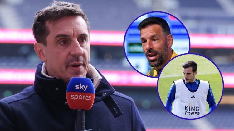 Gary Neville working for Sky Sports as a pundit. Inset one is Leicester City midfielder Harry Winks in training. Inset two is Leicester manager Ruu...