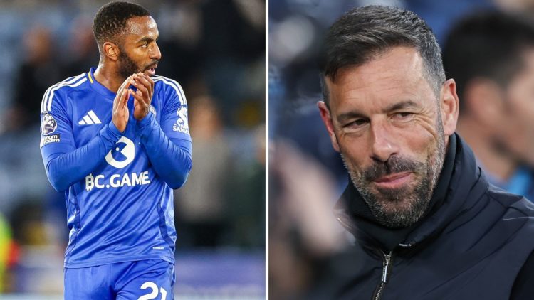 Leicester City defender Ricarod Pereira [L] claps the fans. Ruud van Nistelrooy [R] smiles during a conversation.