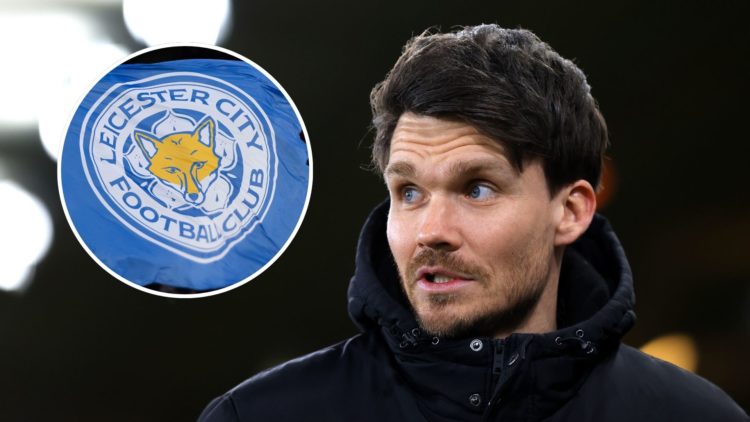 An image of Danny Rohl with an inset of a Leicester City badge (circled).