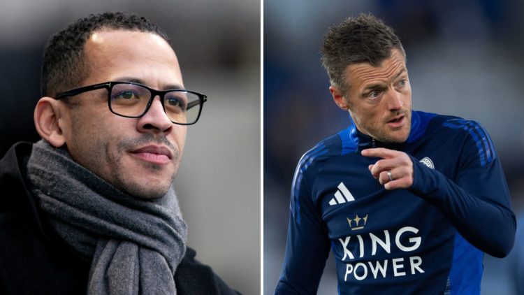Strasbourg manager Liam Rosenior [L] watches his side from the touchline. Leicester City striker Jamie Vardy [R] talks to his teammates
