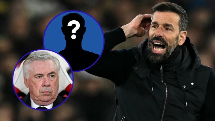 Leicester City manager Ruud van Nistelrooy shouts instructions. Inset one is Real Madrid manager Carlo Ancelotti looking angry and inset two is a m...