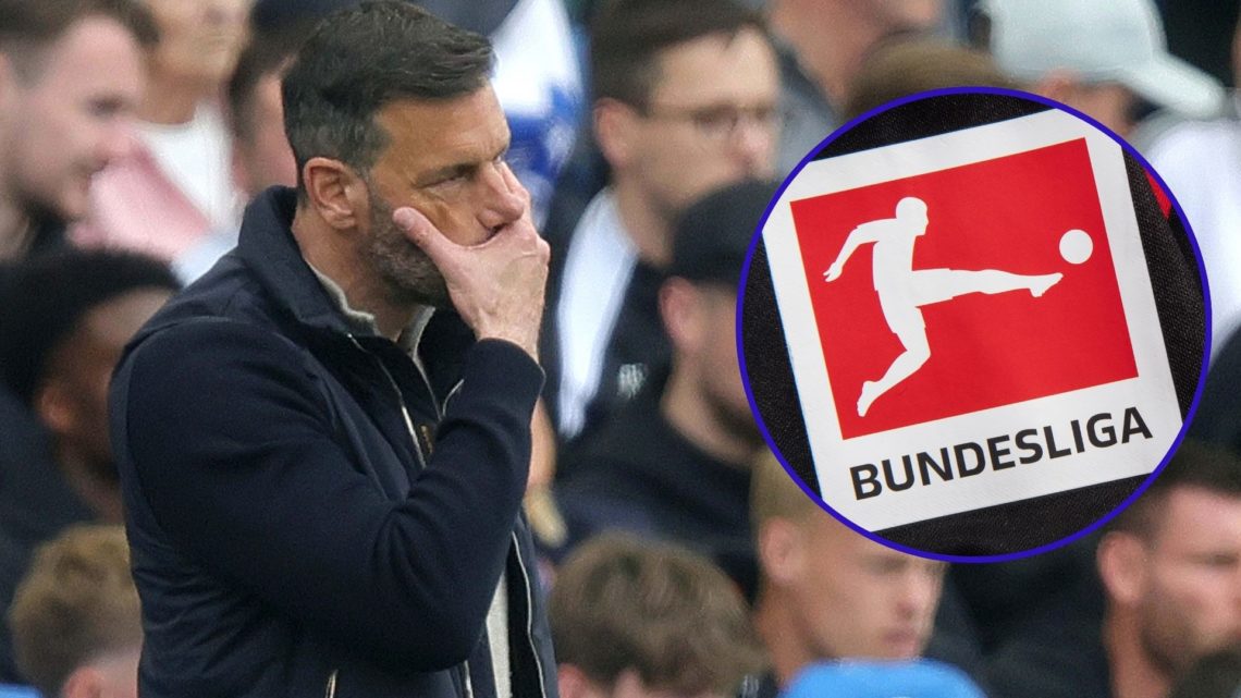 Leicester City manager Ruud van Nistelrooy looks dejected and disappointed. Inset features the official Bundesliga badge.