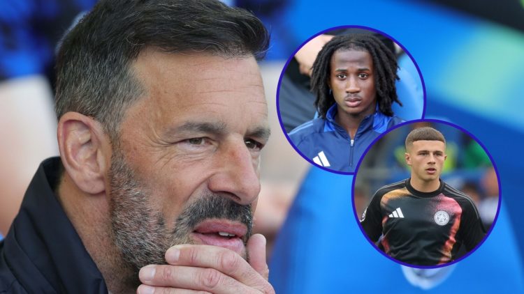 Leicester City manager Ruud van Nistelrooy watches on from the dugout. Inset one is Leicester youngster Jake Evans making his senior debut. Inset t...