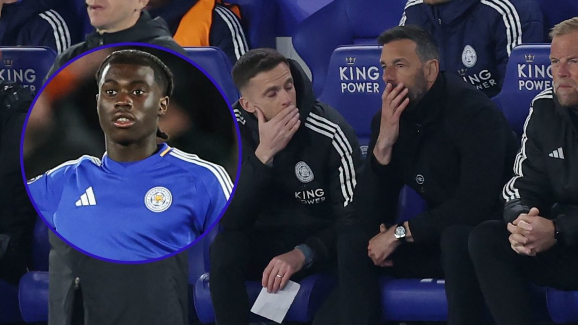 Ruud van Nistelrooy is in discussion with the Leicester City coaching staff. An inset of Jeremy Monga making his senior debut for Leicester City