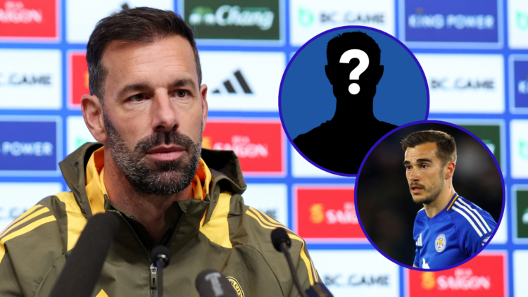Leicester City manager Ruud van Nistelrooy answers questions at a press conference. Inset one is Leicester's Harry Winks playing for the first team...