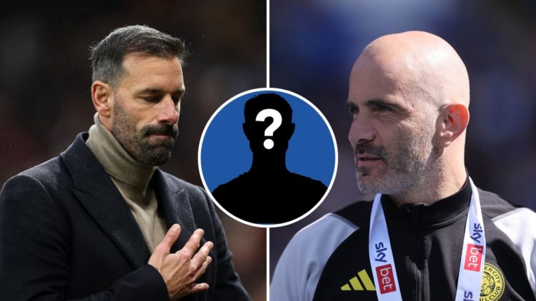 Split image of Leicester City manager Ruud van Nistelrooy [L] and former Leicester City manager Enzo Maresca [R] with a mystery player insert