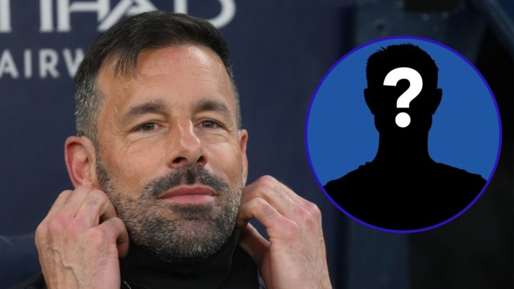 Ruud van Nistelrooy smiles in the dugout as Leicester City manager. An inset ofa mystery figure.