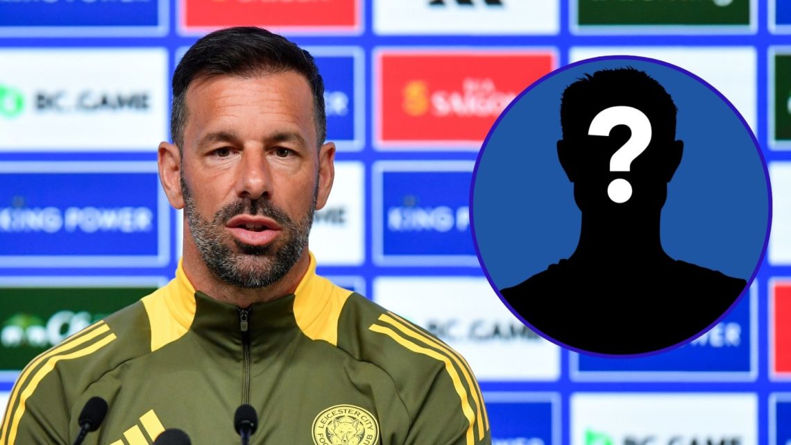Ruud van Nistelrooy answers a question during a Leicester City press conference. An inset of a mystery figure