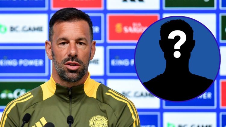 Ruud van Nistelrooy answers a question during a Leicester City press conference. An inset of a mystery figure