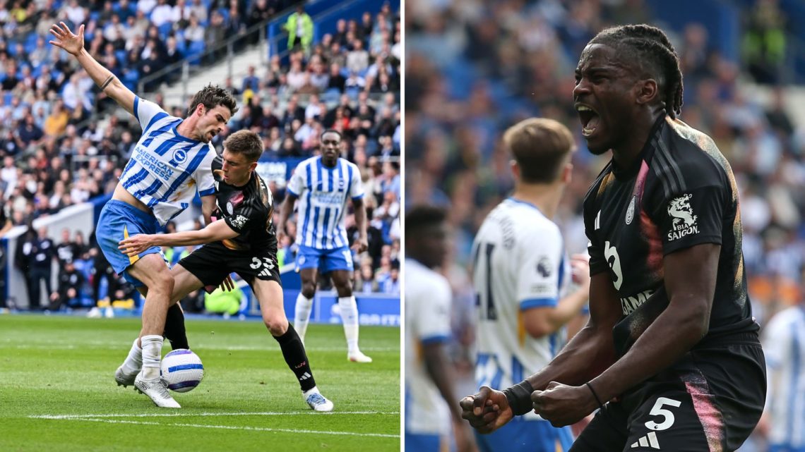 Leicester defender Luke Thomas [L] fights for the ball with Brighton midfielder Matt O'Riley. Leicester defender Caleb Okoli [R] celebrates scoring...