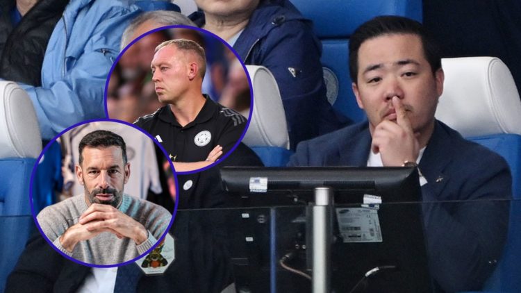 Khun Top watches Leicester City at the King Power Stadium. Inset one is Steve Cooper looking angry during a pre-season friendly. Inset two is Ruud ...
