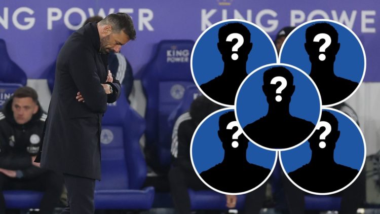 Ruud van Nistelrooy looks dejected on the sidelines as Leicester City fall to defeat. An inset of five mystery figures.