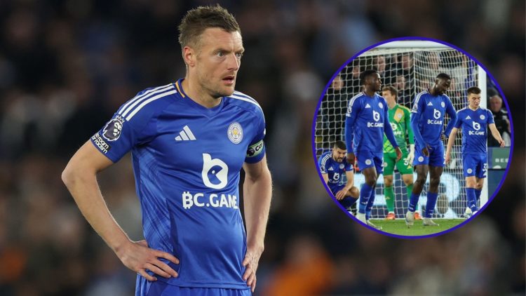 Jamie Vardy watches on in shock as Leicester City fall to defeat. An inset of Leicester players looking dejected after conceding a goal.