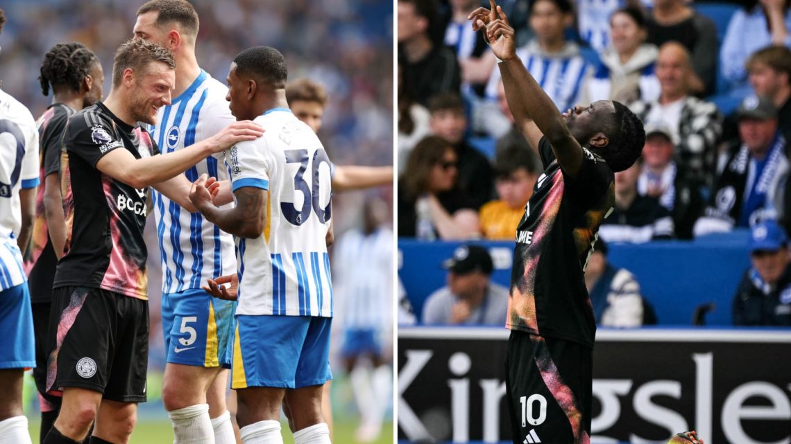 Leicester City striker Jamie Vardy [L] settles feud on the pitch at the Amex Stadium. Stephy Mavididi [R] celebrates scoring for Leicester.