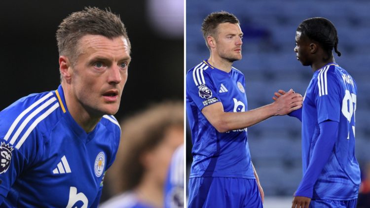 Jamie Vardy (L) watches on during a Premier League match with Leicester City. Jamie Vardy speaks to Leicester teammate Jeremy Monga (R).